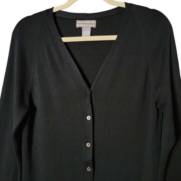 Laura Leigh Womens Black Silk Minimalist Business Casual Work Cardigan Sweater L - Picture 3 of 9